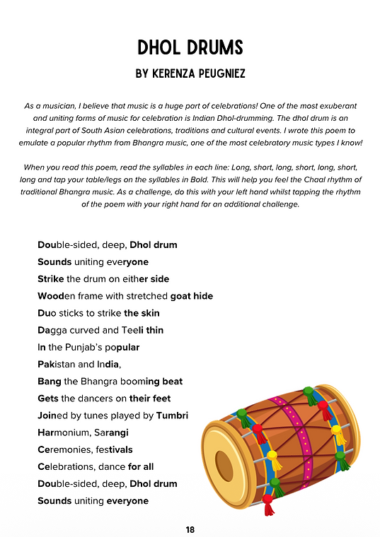 Image from Little Thoughts Press Issue Fourteen: Traditions and Rituals featuring the poem "Dhol Drums" by Kerenza Peugniez.