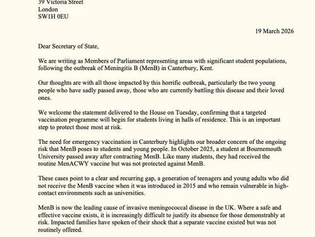 Rosie leads a cross-party letter to the Health Secretary calling for a wider Men-B vaccination rollout