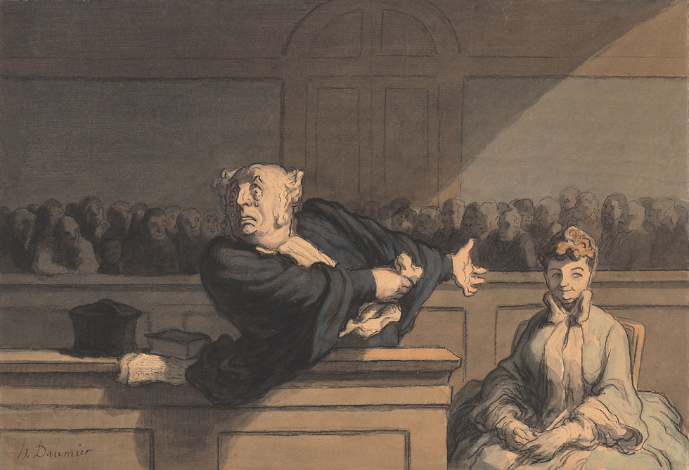 Courtroom sketch of a dramatic man gesturing at a seated woman, with a shadowy audience behind; Daumier signed lower left.