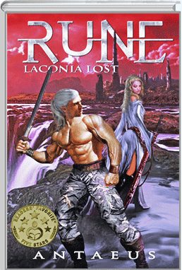 Rune Book cover. A man with a sword defending a woman.