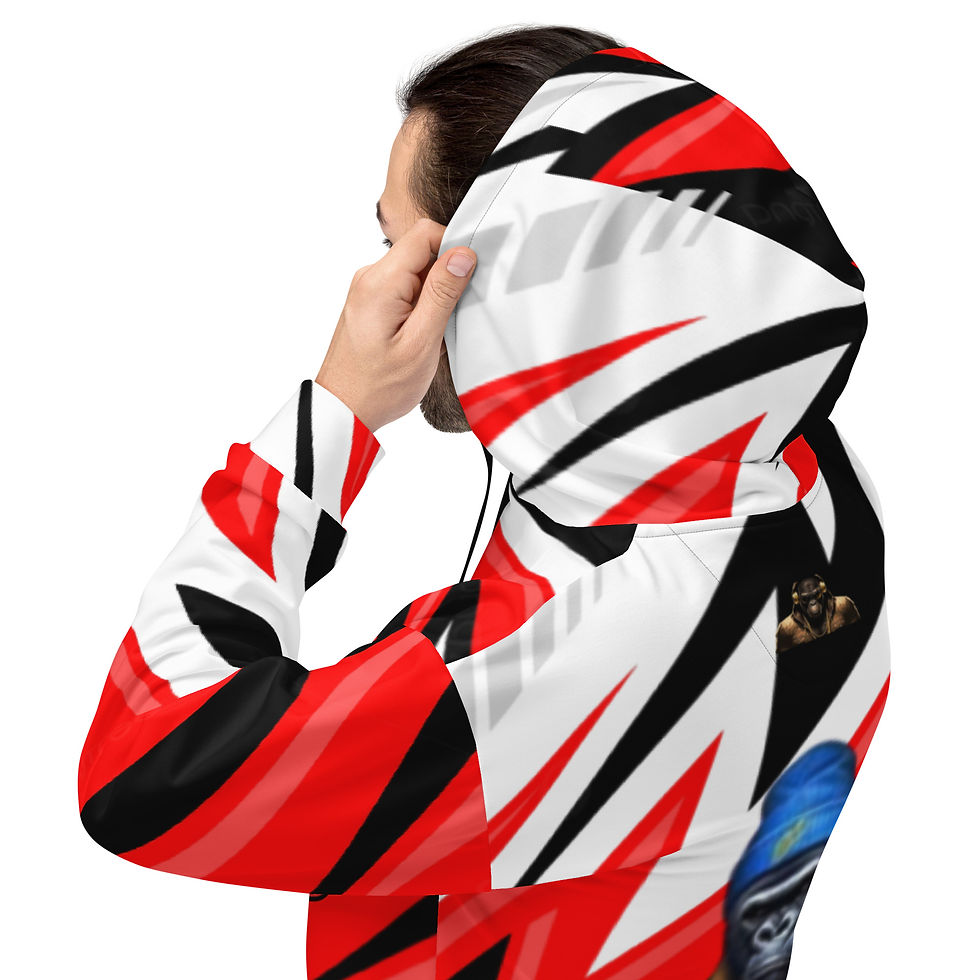 Thumbnail: Man wearing red, white, and black patterned hoodie AndyClyde's with hood up.
