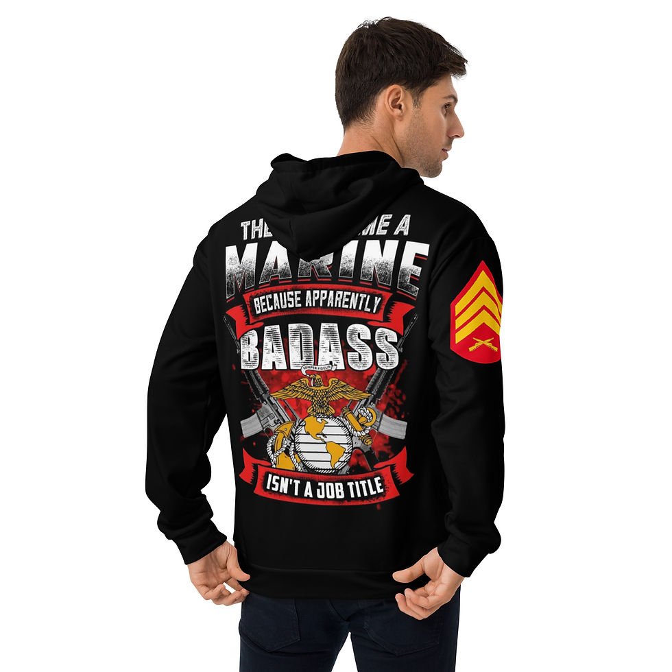 Thumbnail: Man wearing a black hoodie that reads 'Marine' and 'Badass'.