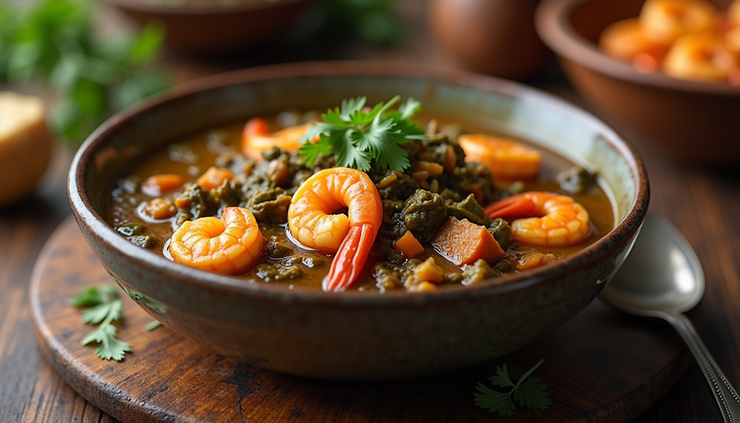Eye-level view of a steaming bowl of New Orleans gumbo with collard greens and shrimp