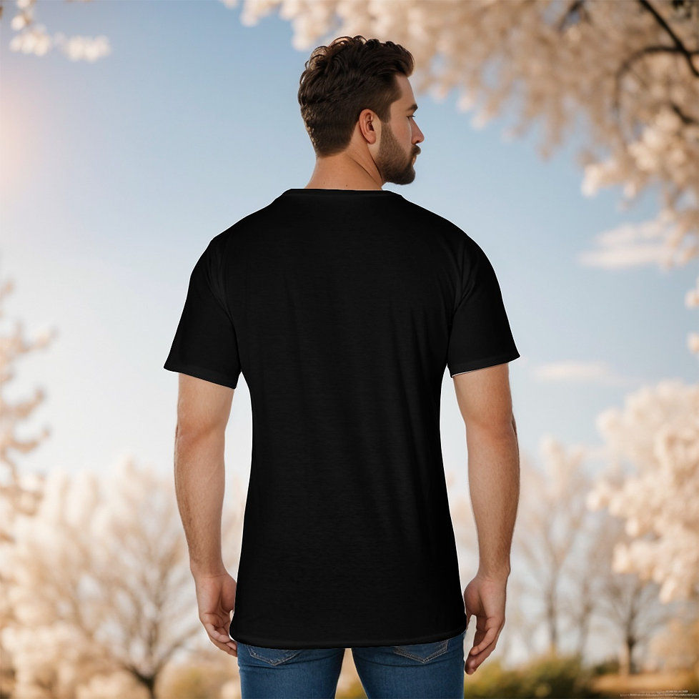 Miniatura: Man wearing a black t-shirt, standing, with a background of nature.