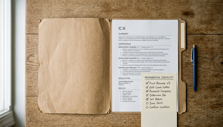 Overhead view of a manila folder with a resume and checklist on a dining table.