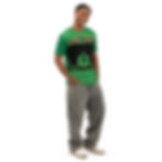 Man wearing a green shirt with text, grey pants and white shoes smiling.