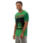 Thumbnail: Man wearing a green t-shirt with text and face design AndyClyde's graphic