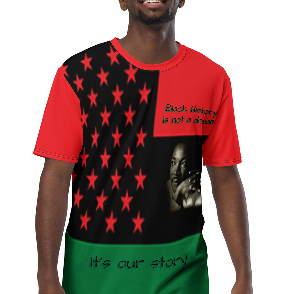 Man wearing a red, black and green t-shirt with text Our Story and AndyClyde's