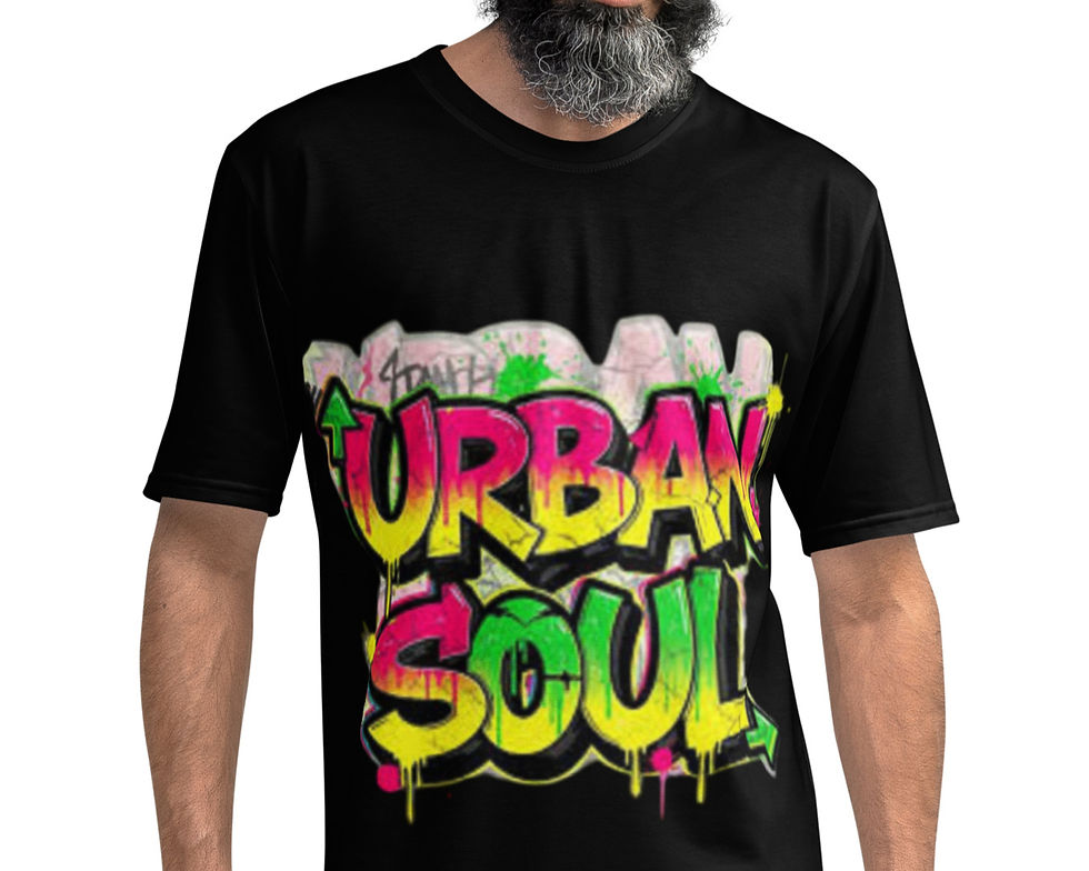 Man wearing black t-shirt with URBAN SOUL graffiti design. AndyClyde's