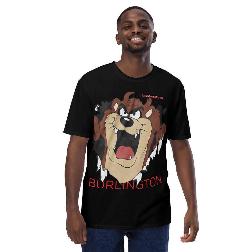 Young man wearing Taz t-shirt with Burlington text; AndyClyde's clothing item.