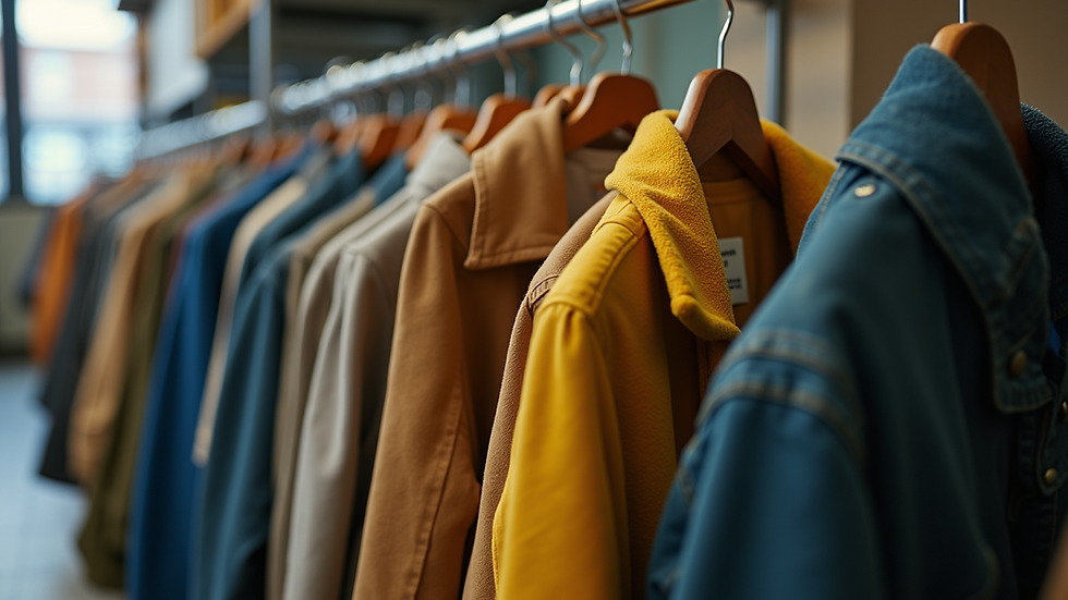 Eye-level view of eco-friendly urban jacket hanging on a rack