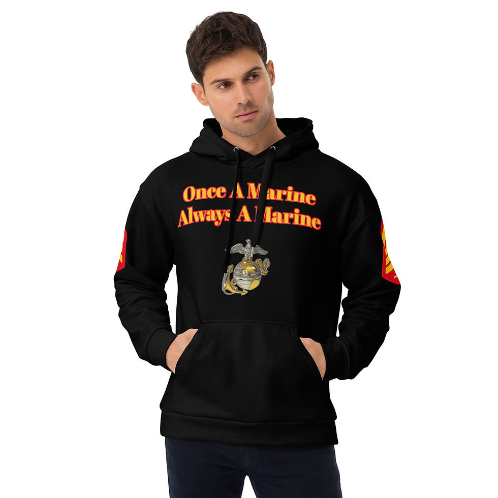 Man wearing a black hoodie that reads, "Once A Marine Always A Marine."