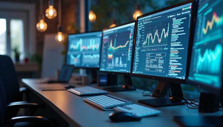Eye-level view of a modern workspace with AI-powered devices and data screens