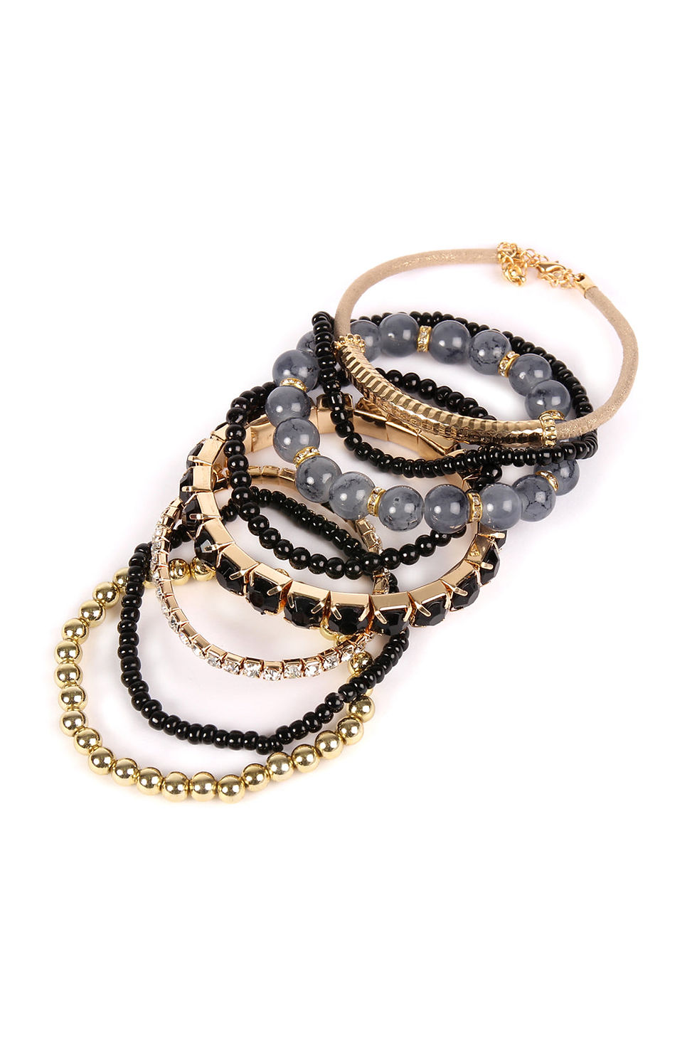 Thumbnail: Stacked bracelets on white background, black and gold beaded accessories, AndyClyde's fashion.