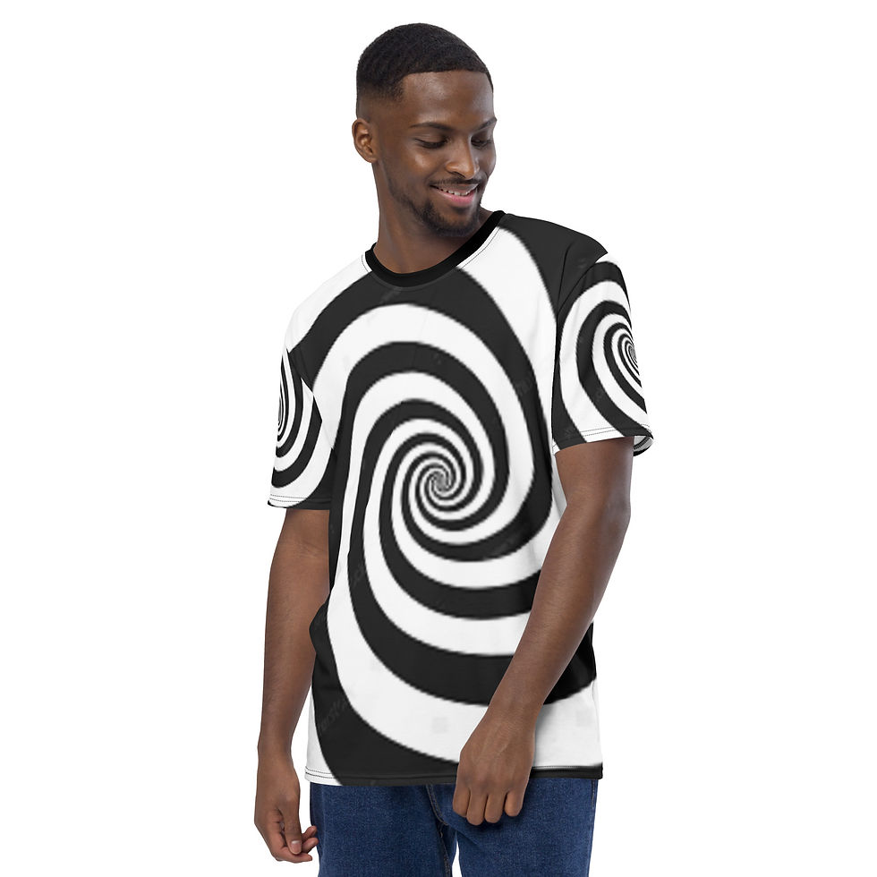 Thumbnail: Man wearing a black and white spiral t-shirt; showcasing the design AndyClyde's