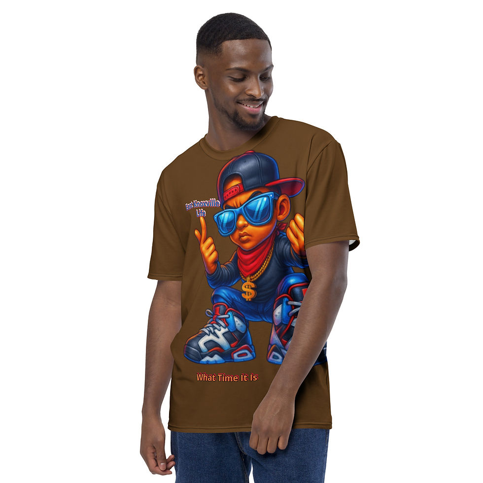 Thumbnail: Man wearing brown shirt with cartoon image, smiling, with glasses. AndyClyde's clothing.