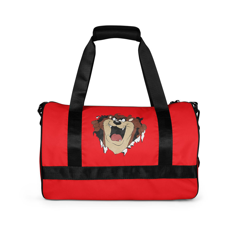 Thumbnail: Red duffel bag featuring Taz from Looney Tunes with black straps. AndyClyde's