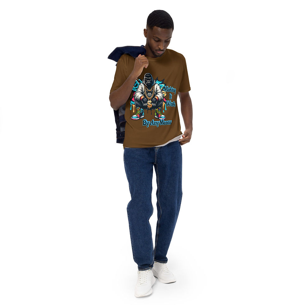Thumbnail: Man wearing brown t-shirt with design and blue jeans isolated on white.