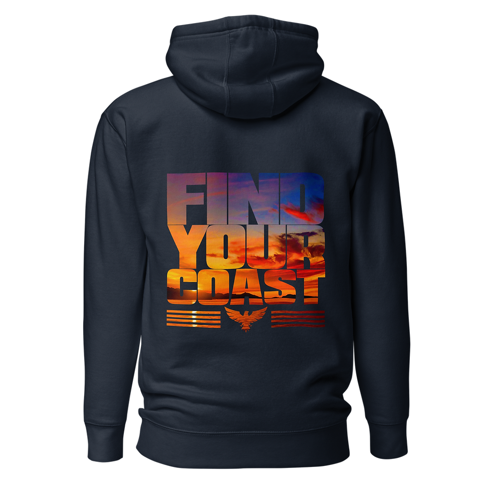 Thumbnail: Navy blue hoodie with "FIND YOUR COAST" text and sunset graphic.