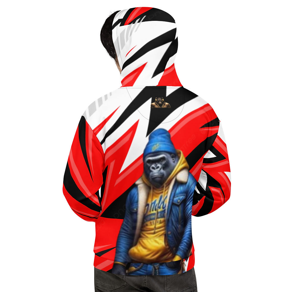 Thumbnail: Red and white hoodie with gorilla art and text AndyClyde's clothing design.