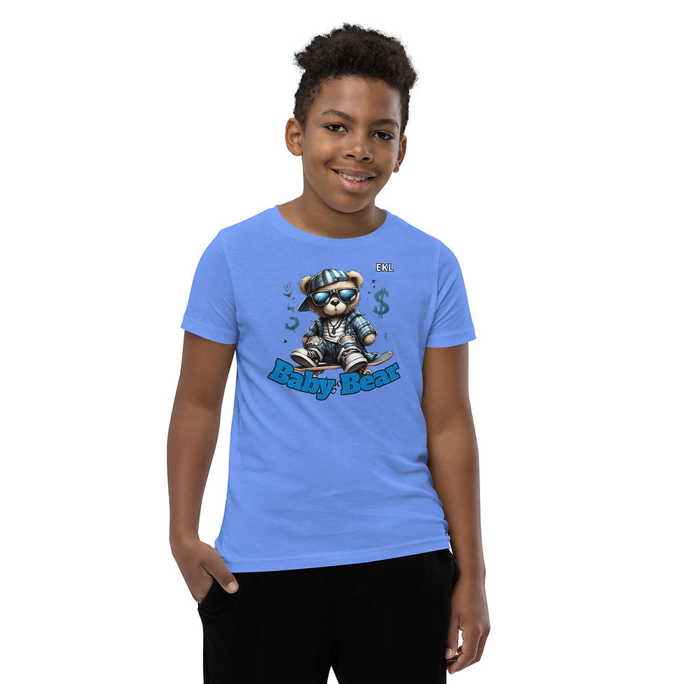 Young boy wearing light blue t-shirt with a bear graphic EKL Baby Bear