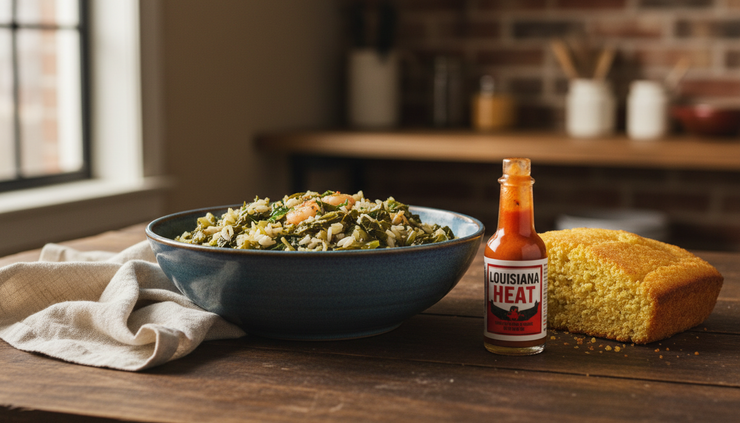 Three-quarter view of gumbo greens served with rice, cornbread, and hot sauce.