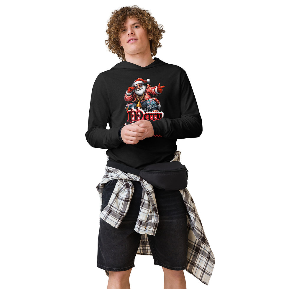 Young man wearing the black hoodie with a Christmas design around him