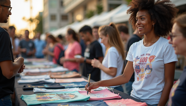 Eye-level view of a local community event booth displaying custom printed t-shirts and tote bags