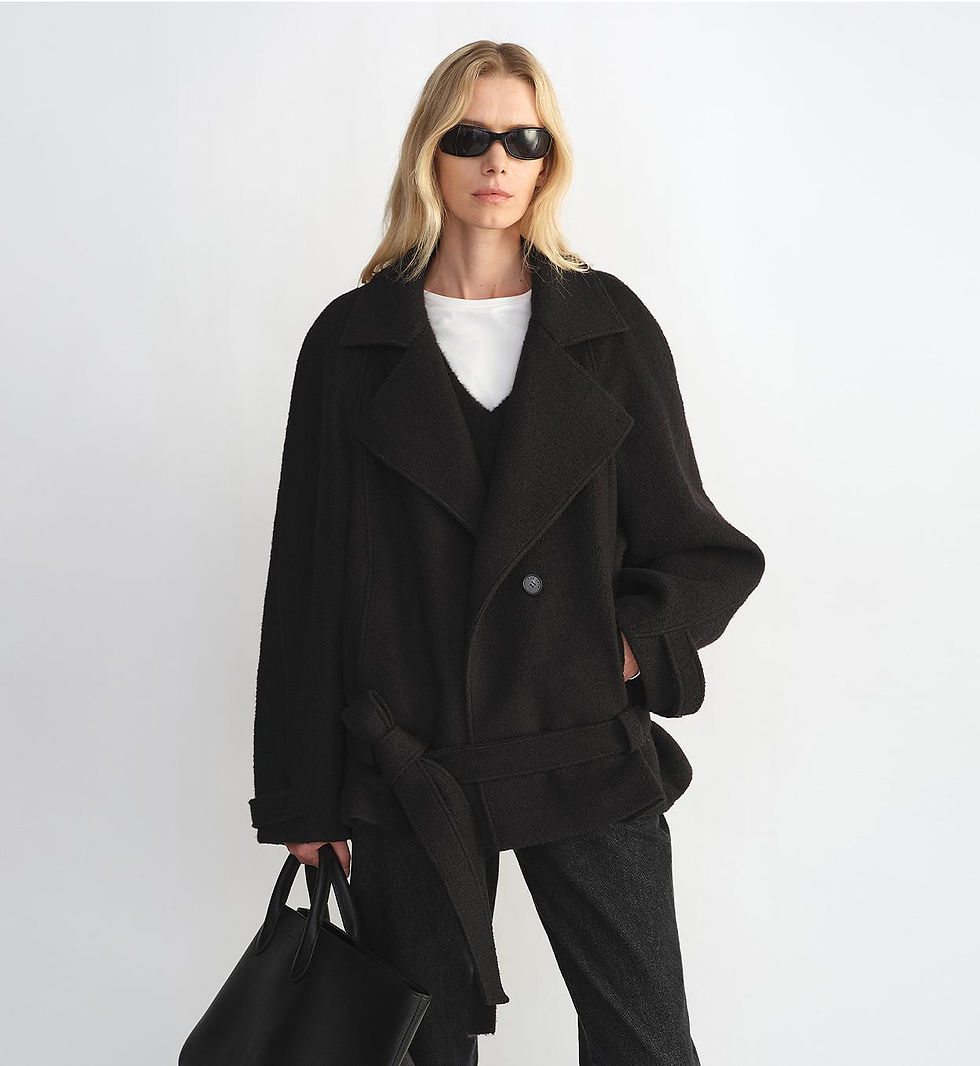 Thumbnail: Woman wearing black coat and sunglasses, holding black bag, white background.