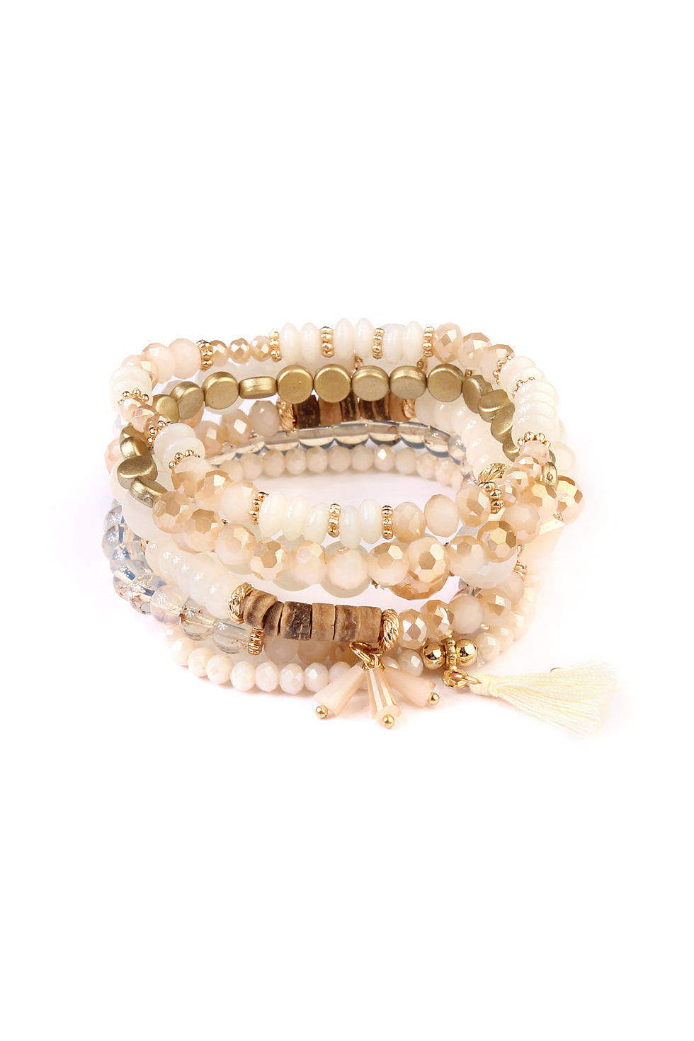 Miniatura: Stacked bracelets featuring gold and neutral beads on white background, AndyClyde's.