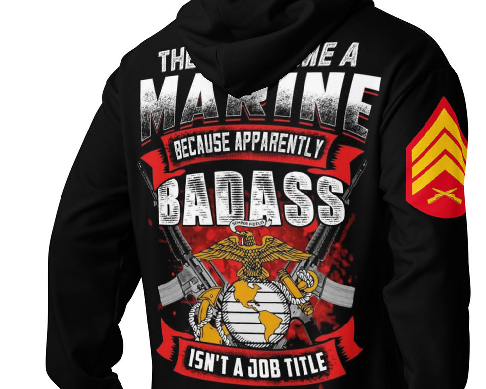 Thumbnail: Black Marine hoodie with text: Badass isn't a job title and AndyClyde's.