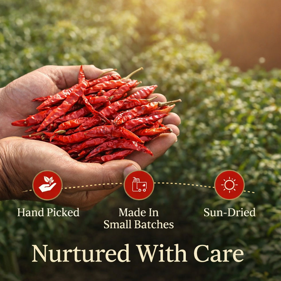 Hands holding red dried chilies in a sunlit field with text: Hand Picked, Sun-Dried, Nurtured With Care mr organics chilli powder