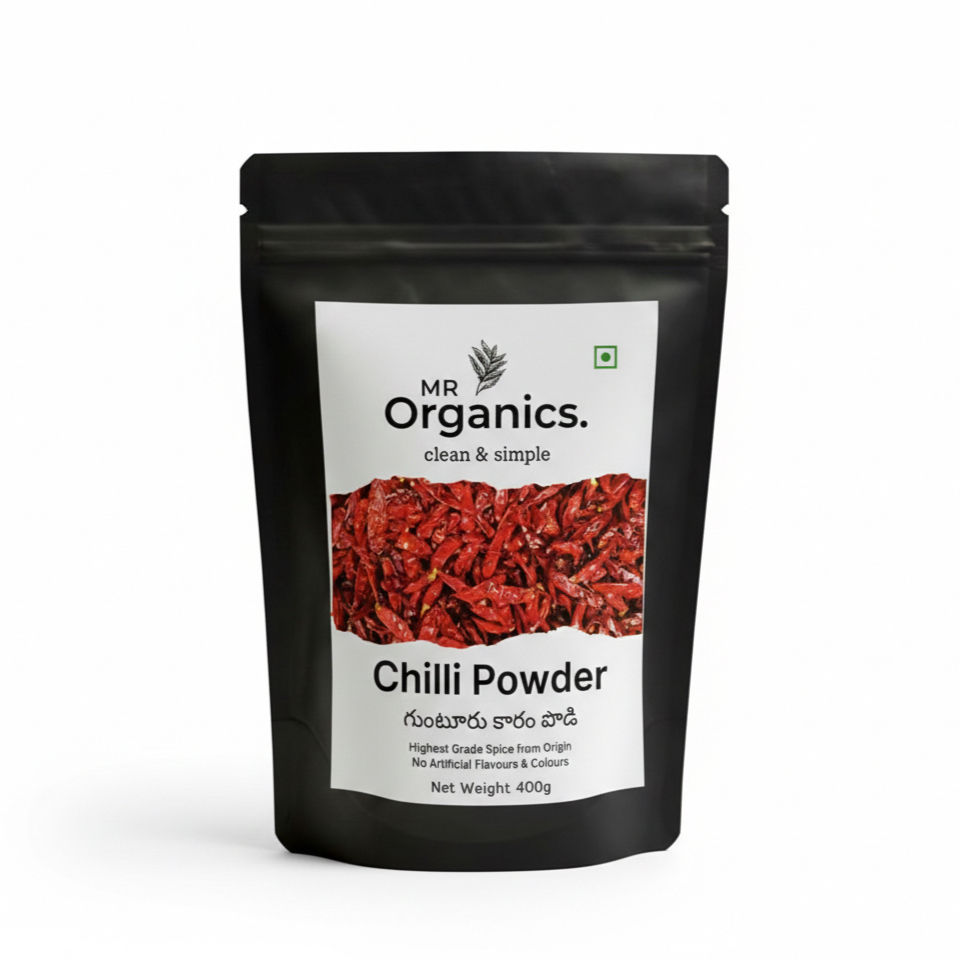 400g pack of MR Organics pure Guntur red chilli powder
