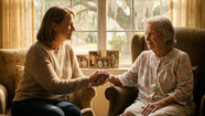 A middle-aged woman holds the hand of an elderly woman, both sitting in armchairs by a window with framed family photos, sharing a moment of comfort and connection.