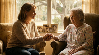 A middle-aged woman holds the hand of an elderly woman, both sitting in armchairs by a window with framed family photos, sharing a moment of comfort and connection.