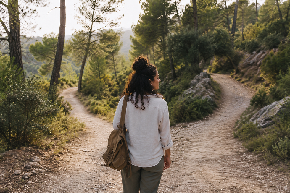 Mujer mediterránea en una bifurcación de un sendero forestal en España, rodeada de pinos y luz dorada, contemplando una decisión importante sobre su futuro.