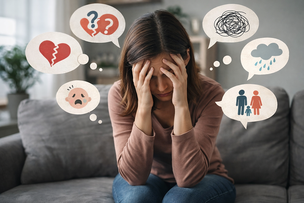 Mujer sintiéndose abrumada y en conflicto sobre la maternidad, con símbolos que representan lucha emocional, duda y toma de decisiones.