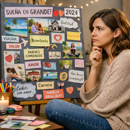 Mujer pensativa sentada junto a un tablero de visión con frases como "Sueña en grande", "Amor", "Carrera", "¿Qué deseo realmente?" y "¿Quiero ser madre?", en un ambiente acogedor con luces cálidas.