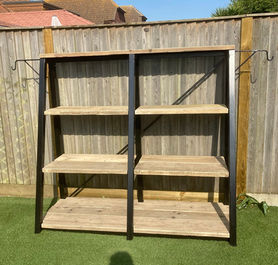 Metal and wood garden shelving and pot stand, for greenhouses.