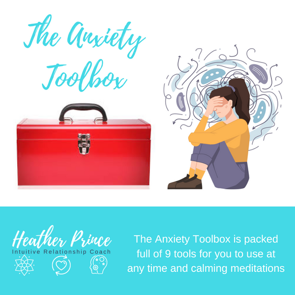 The anxiety toolbox online course, by Heather Prince, image of a woman with head in hands next to a red toolbox.