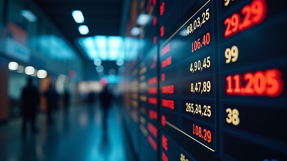 Eye-level view of a stock market display board showing various stock prices