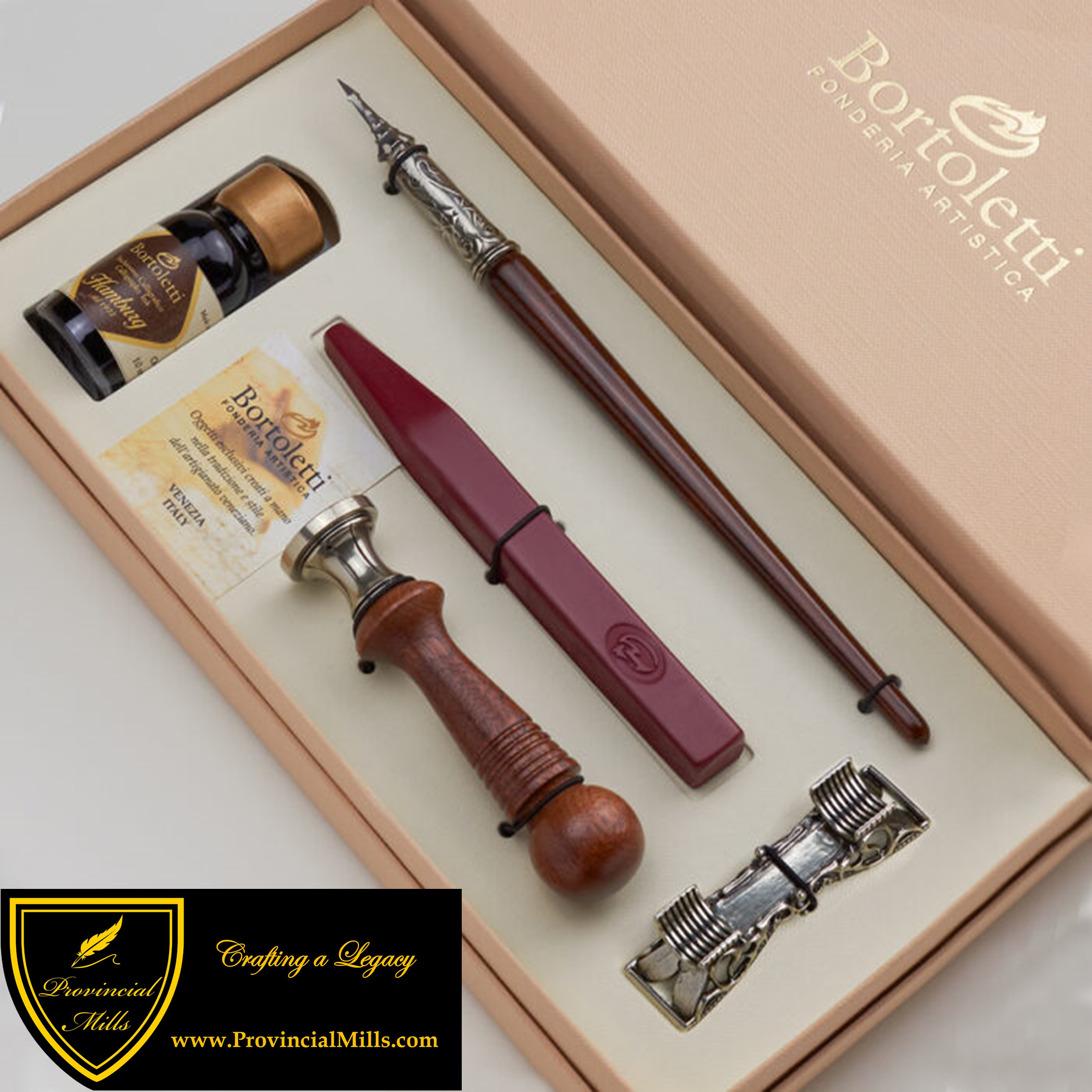Bortoletti Wood Dip Pen with Holder, Wax Seal, and Seal Handle - SET72