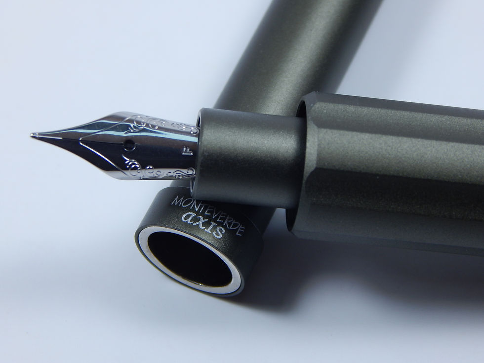 Thumbnail: Close-up of the #5 JoWo nib on the Monteverde Axis Olive fountain pen.