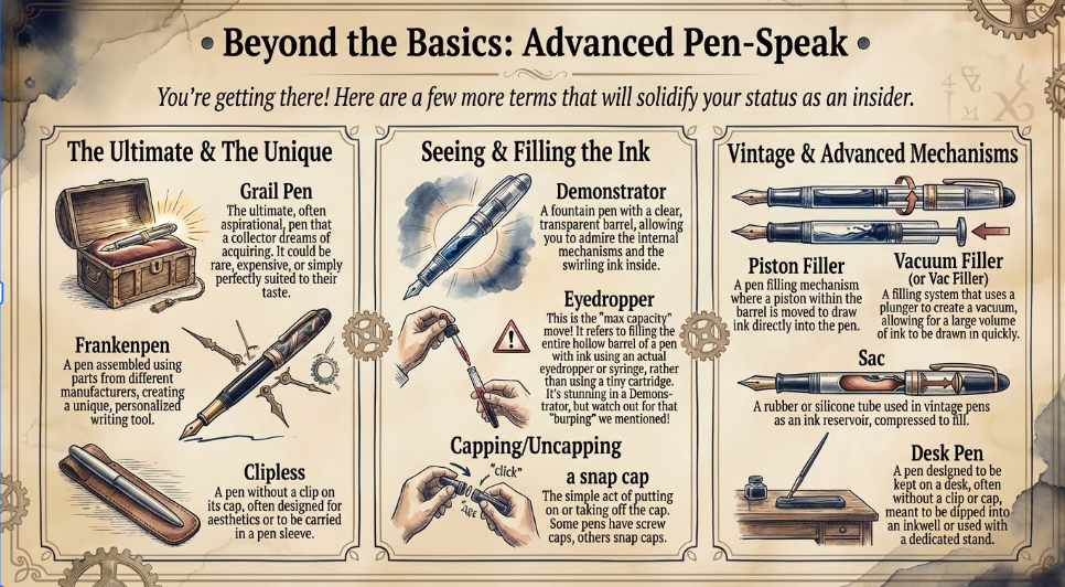 Illustrated guide to advanced pen terms. Features Grail Pen, Frankenpen, Demonstrator, Eyedropper, Piston Filler, Vacuum Filler. Vintage style.