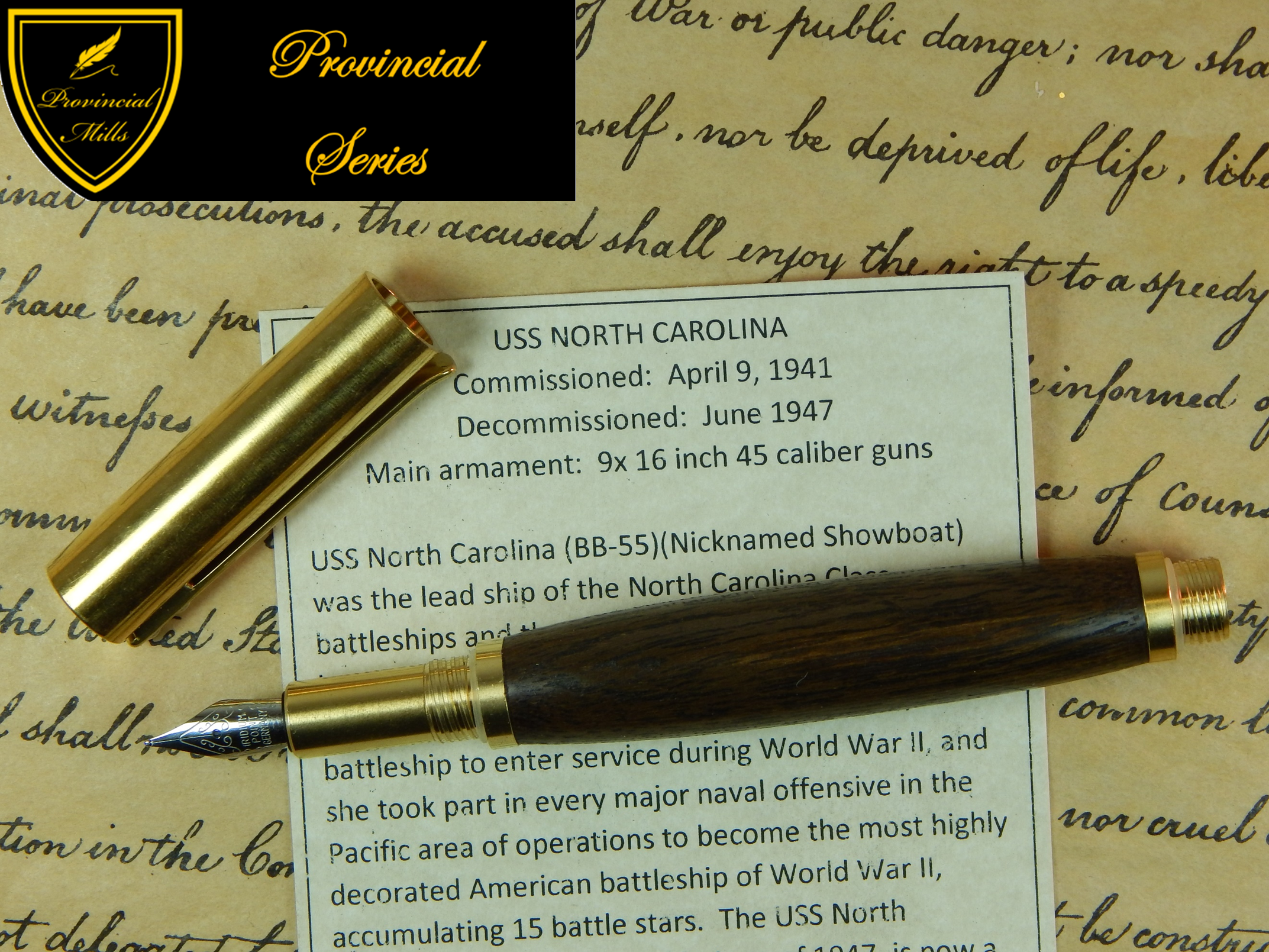 Provincial C3604 Brass Fountain Pen with USS North Carolina Battleship Wood