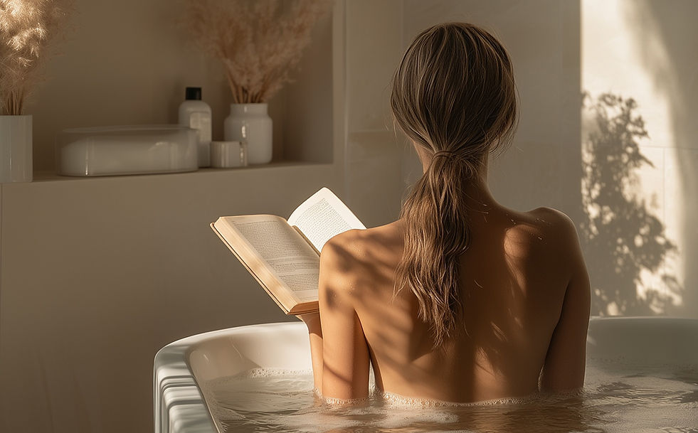 Mannequin dans un bain lisant à livre - Photo pour blog ANGIE