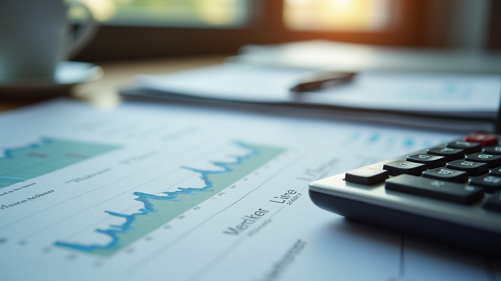 High angle view of a calculator and financial documents on a desk