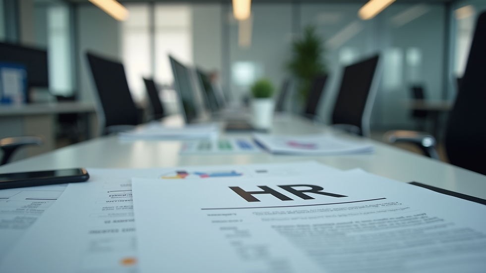Eye-level view of a modern office workspace with HR documents on a desk
