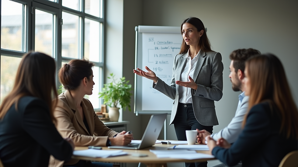 High angle view of a business meeting with HR consultant presenting to a small team