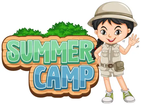 Cartoon girl camper waving next to wooden Summer Camp sign – Best Summer Camps in Pembroke Pines visual